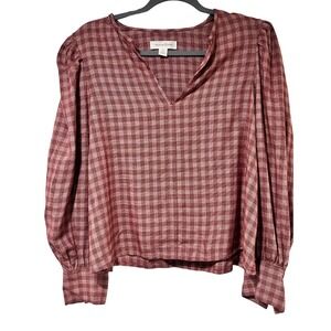 TREASURE‎ & BOND Plaid Puff Shoulder Long Sleeve Shirt V- Neek Brown Size XZ